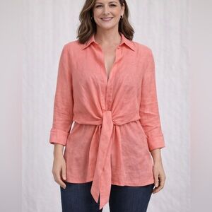 $152 Neiman Marcus Coral Linen Tie-Front Blouse Shirt XL NWT